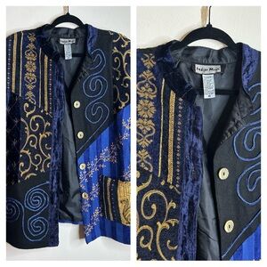 Indigo Moon Blue and Gold Embroidered Jacket Womens 1X Boho 90s Phoebe Friends